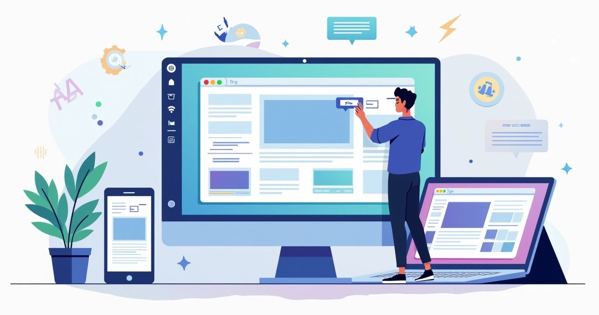 Ilustração de pessoa criando landing page profissional em editor visual no computador 