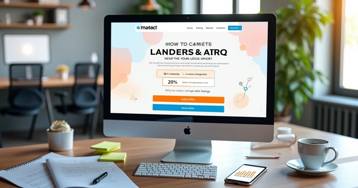 Tela de computador exibindo uma landing page moderna com elementos de design claros e botões de chamada para ação destacados 