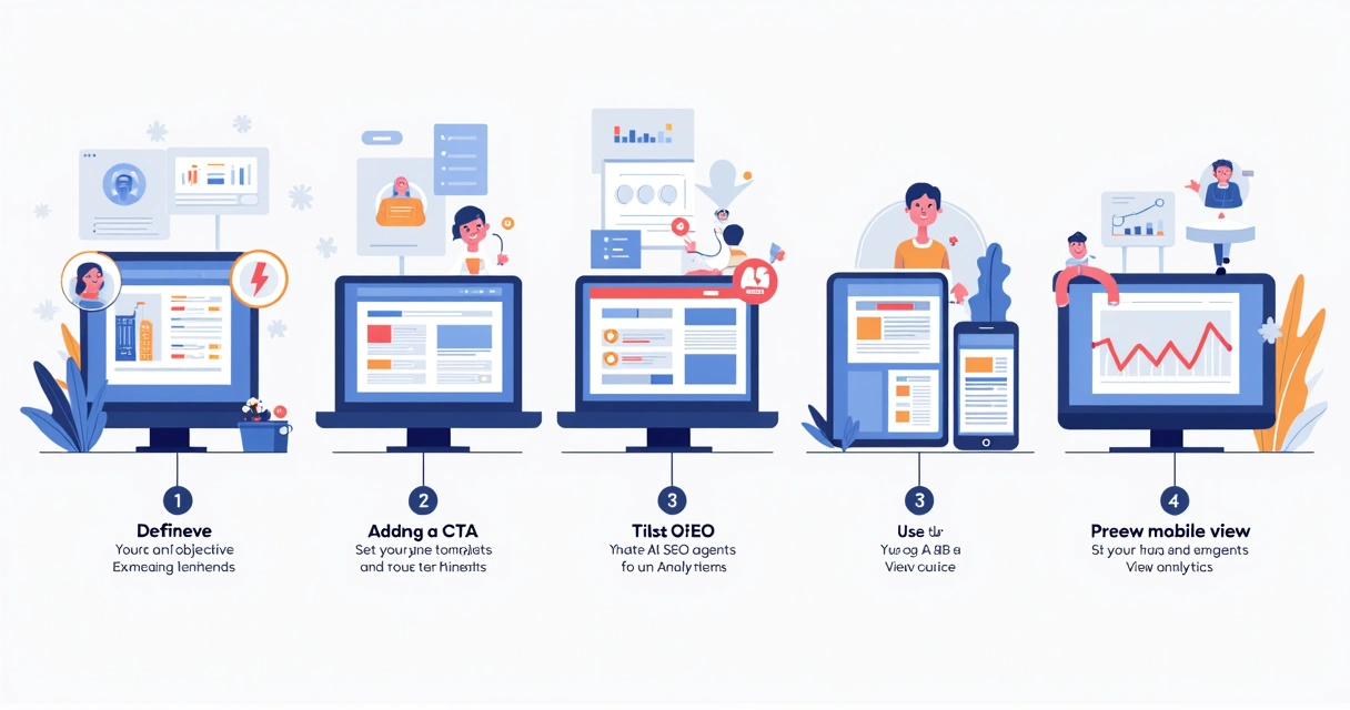 Etapas visuais do processo de criação de landing page moderna. 