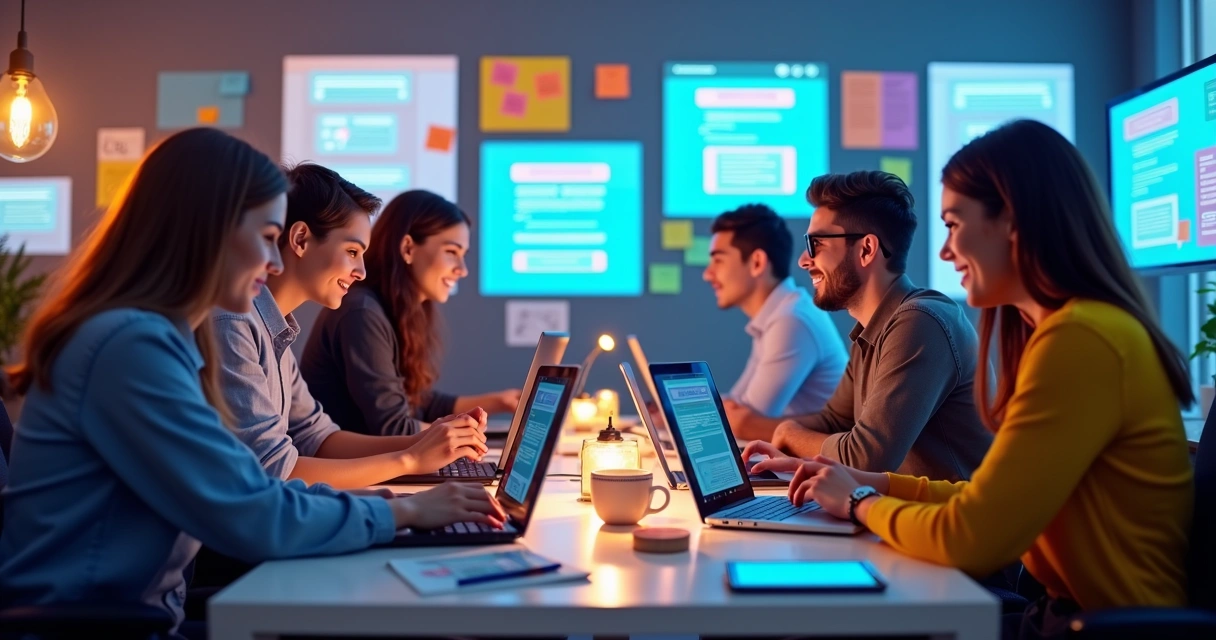 Equipe jovem criando landing pages em computadores modernos, ambiente colaborativo e descontraído 