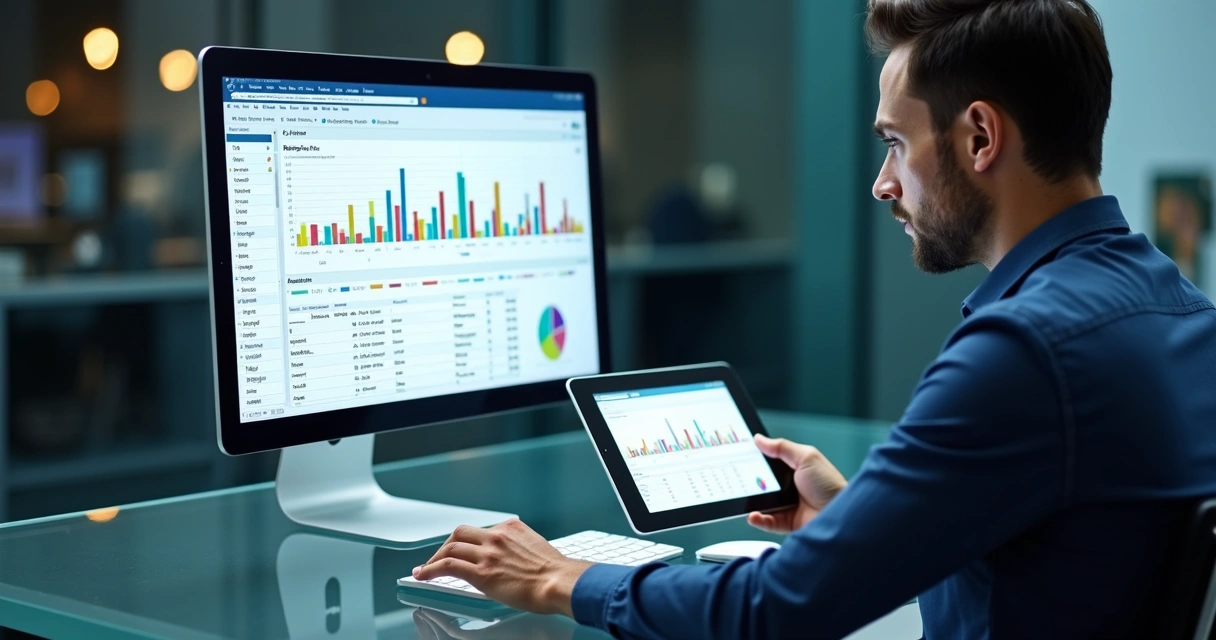 Profissional analisando banco de dados com lista de empresas no computador, telas mostrando filtros e gráficos