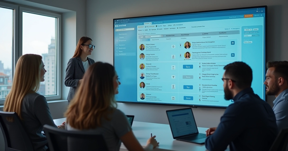 Equipe de vendas analisando lista digital de leads na tela, com filtros visíveis. 