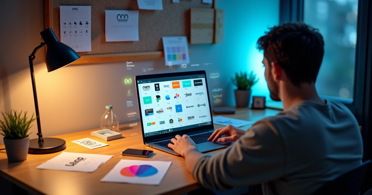 Designer casual criando logo com IA em notebook rodeado por conceitos visuais coloridos 