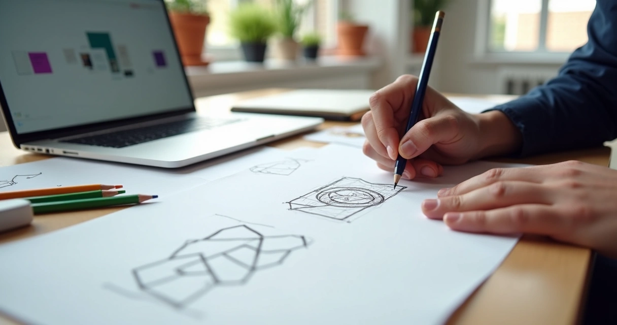 Designer criando logotipo à mão em papel com lápis grafite