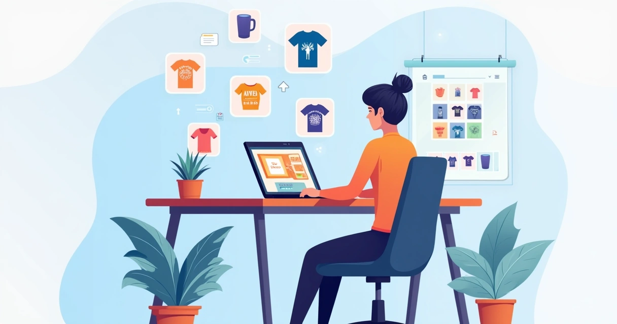 Ilustração corporativa mostrando uma pessoa criando sua loja de roupas na Shopify usando laptop, com telas exibindo designs de camisetas e interface da plataforma 