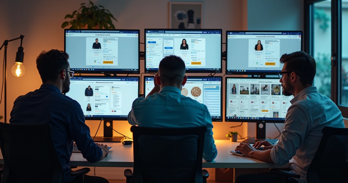 Equipe desenvolvendo loja virtual profissional em computadores 