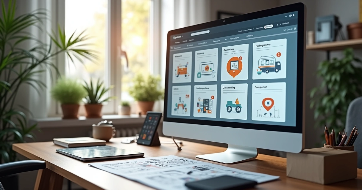 Tela de computador mostrando criação de loja virtual integrada com painéis de configuração de pagamento, layout e marketing digital 