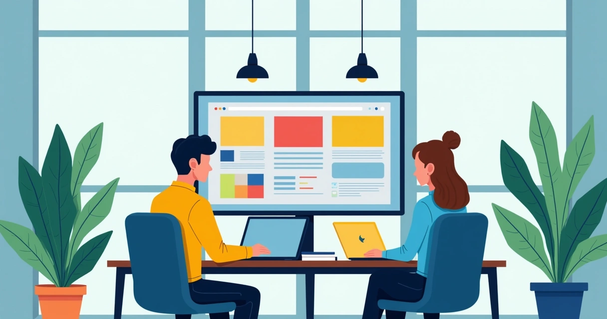 Equipe de designers e marketing criando landing page juntos na tela do computador 