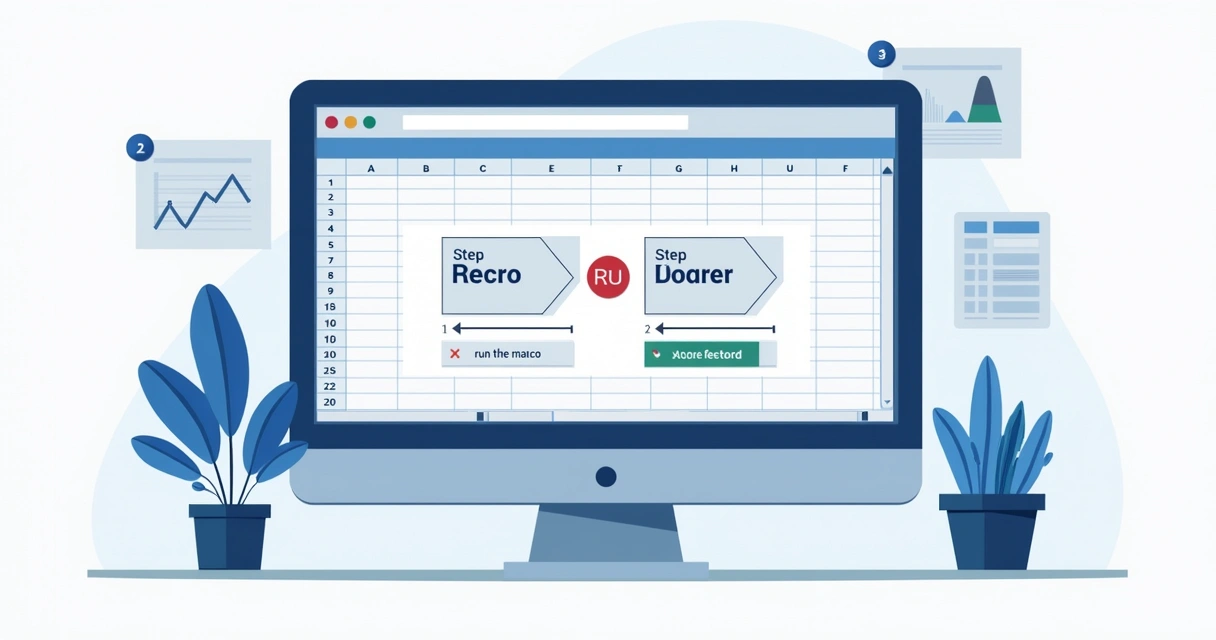 Ilustração corporativa flat mostrando uma tela de computador com Excel aberto e uma macro sendo criada, com passos e ícones de gravação visíveis, um botão para executar macro e gráficos simples ao lado 