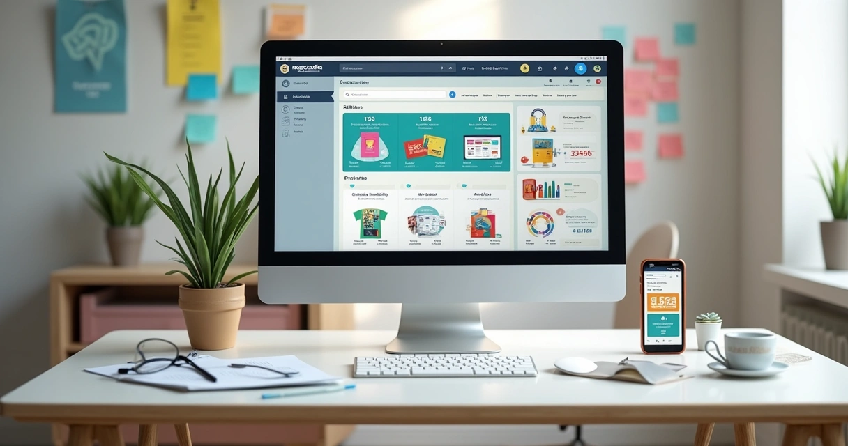 Tela de computador mostrando processo de criação de marca oficial no Mercado Livre com gráficos e design de logotipo 