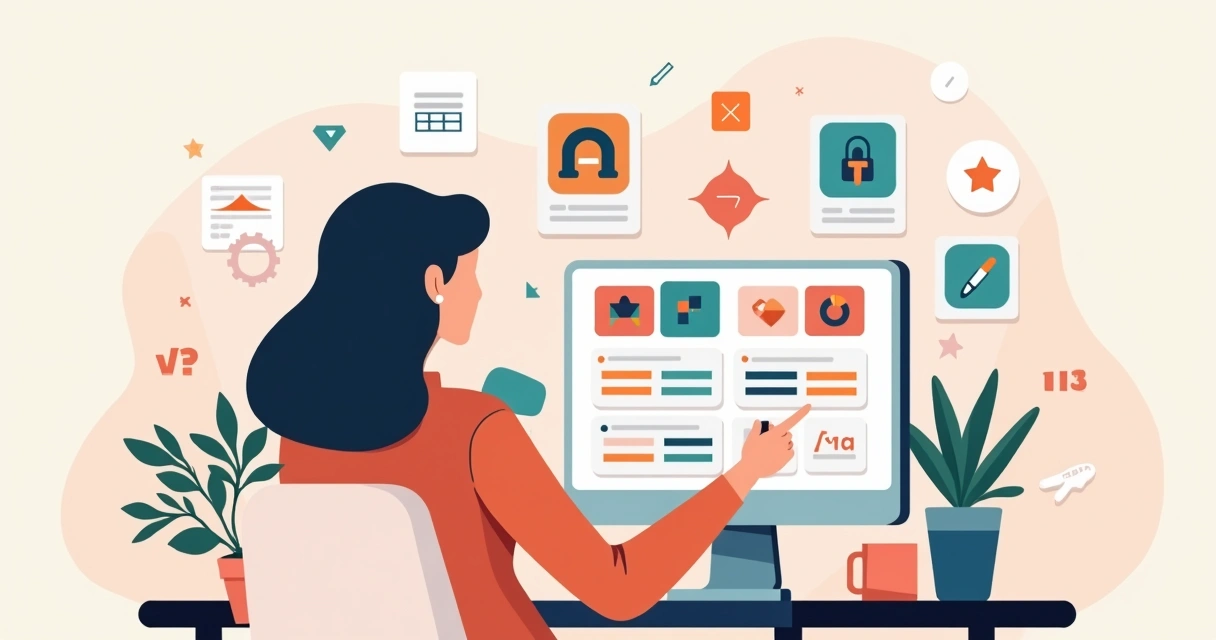 Mulher empreendedora observando tela com processo de criação de marca e logotipo 