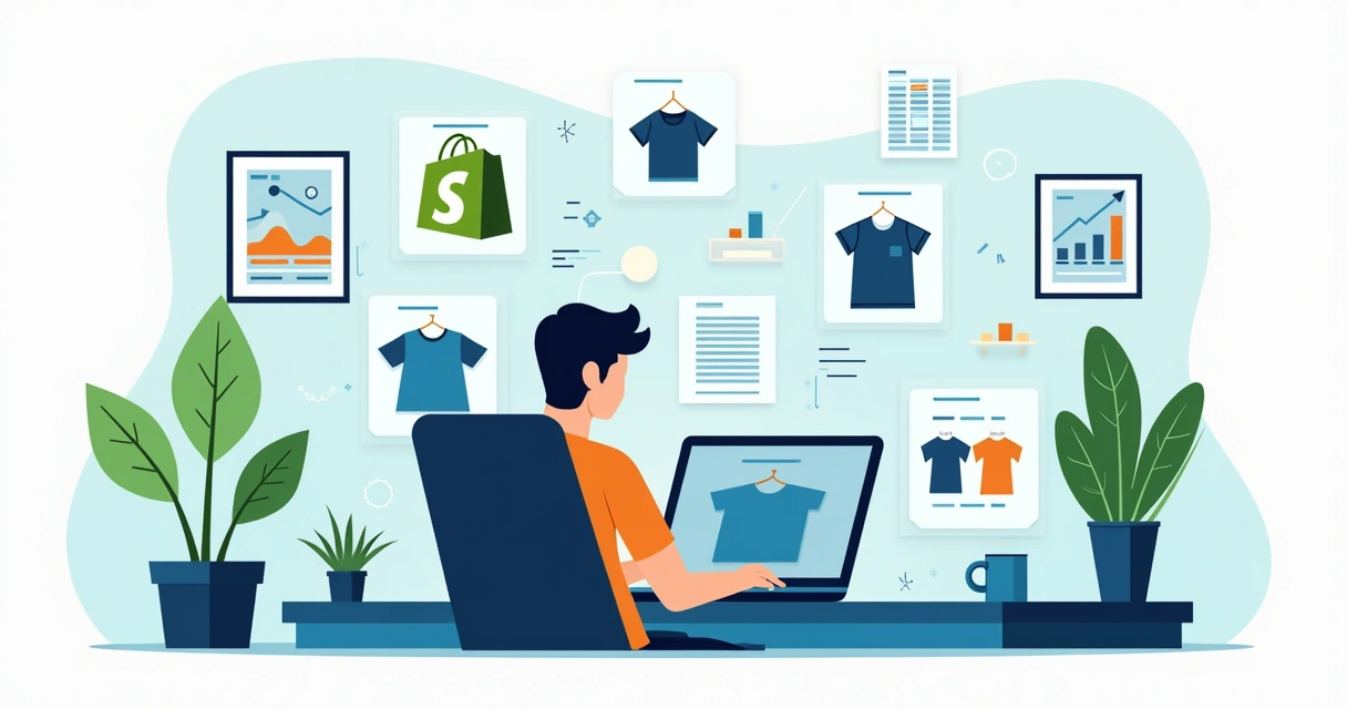 Ilustração flat corporativa mostrando processo de criação de marca print on demand com elementos digitais e produtos personalizados 