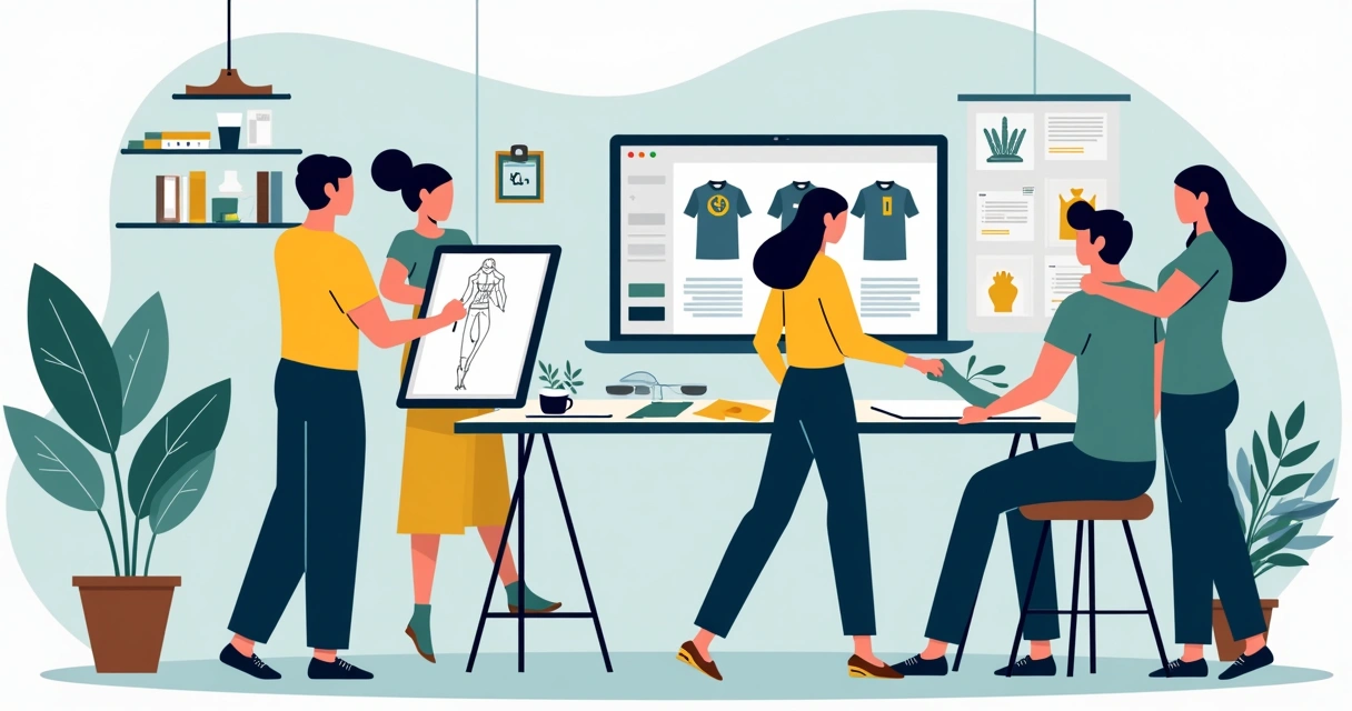 Ilustração corporativa plana de pessoas desenvolvendo identidade visual e produtos para marca de roupa 