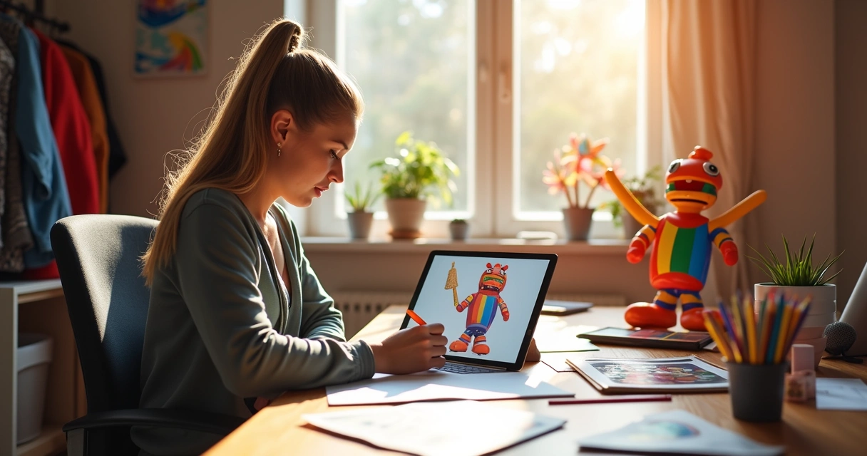 Designer desenvolvendo projeto de mascote inflável 