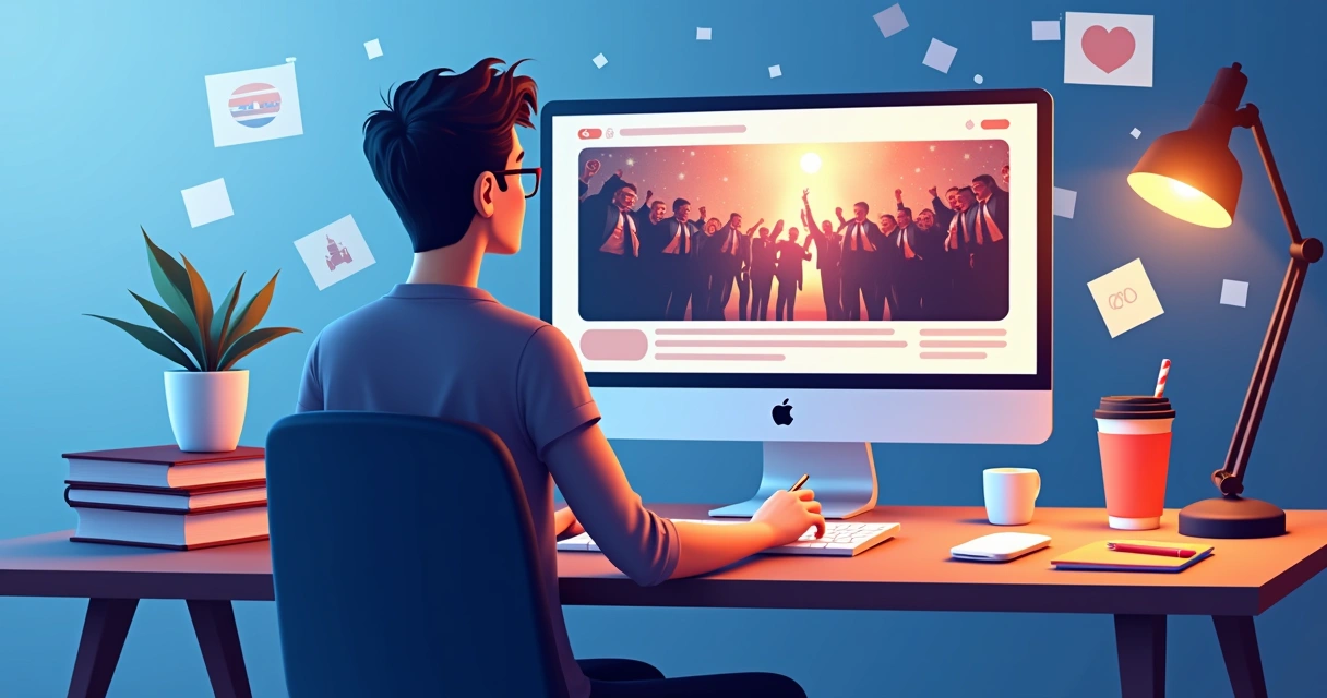 Designer criando meme político no computador 