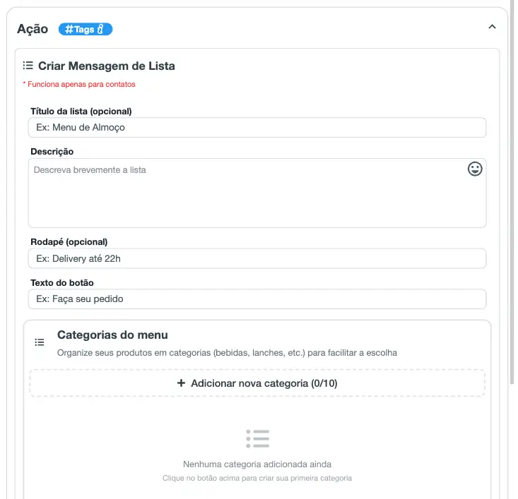 Tela de criação de mensagem de lista no WaSpeed com campos para título, descrição, rodapé, texto do botão e opção para adicionar categorias de menu.