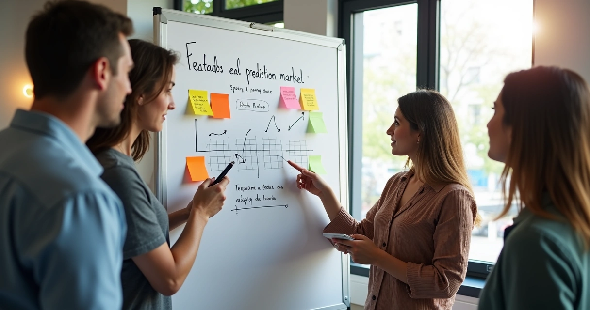 Quadro branco com itens escritos em português sobre criação de mercado de previsão musical, adesivos coloridos e mãos de pessoas apontando 