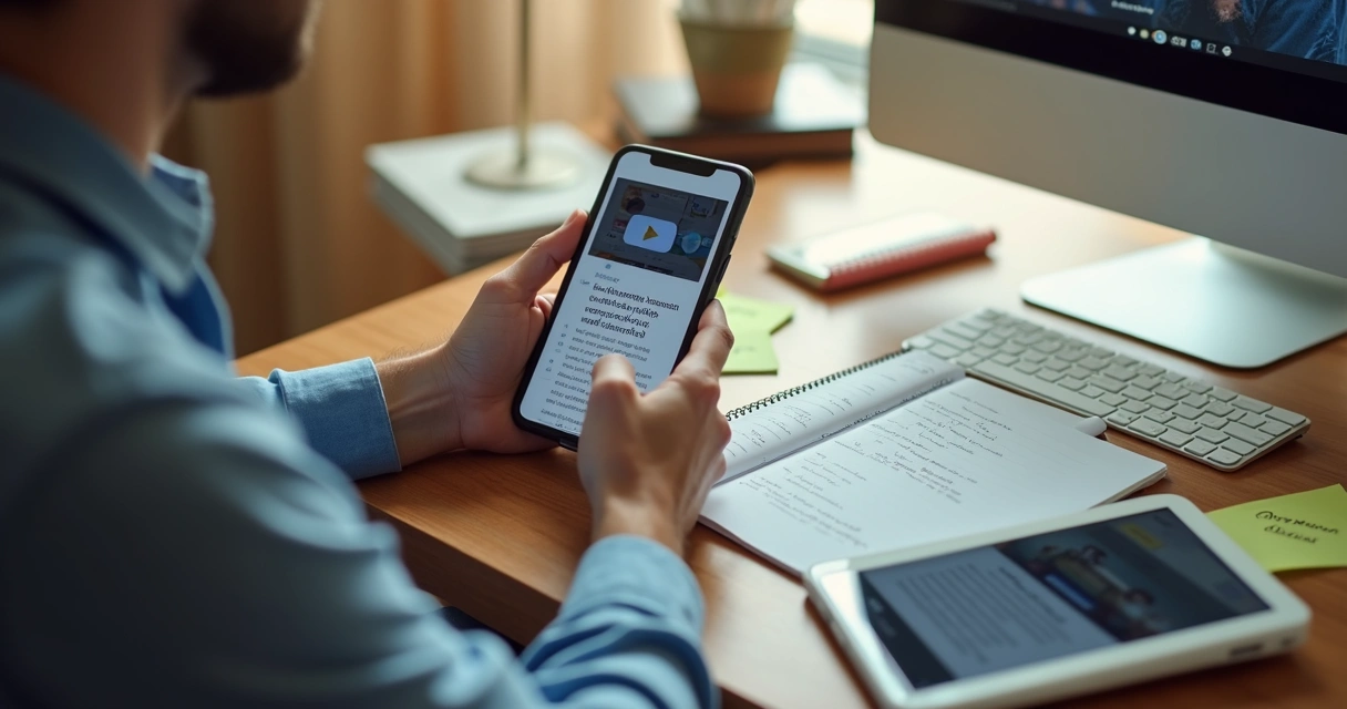 Pessoa criando microconteúdo no celular com anotações ao lado