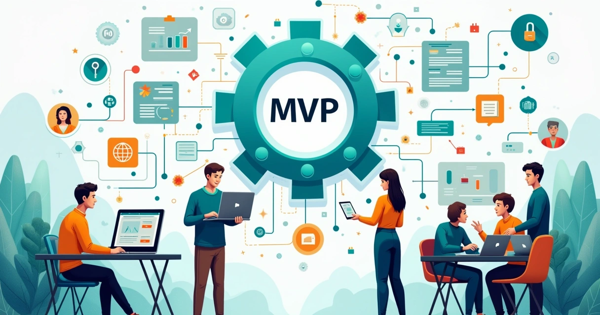 Ilustração sobre criação de MVP com pesquisa de mercado, desenvolvimento e feedback de usuários.