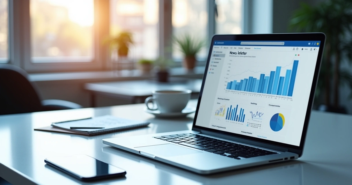 Pessoa criando uma newsletter em laptop com gráficos de engajamento e marketing ao fundo 