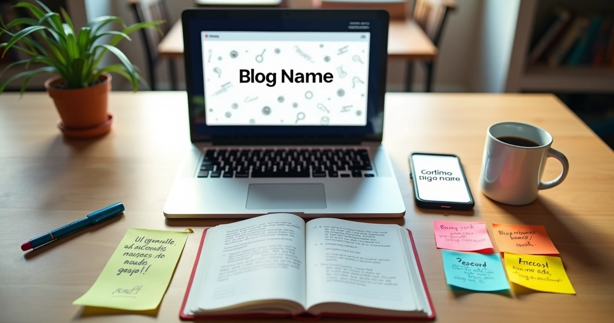 Mesa com notebook, caderno e post-its coloridos com ideias de nomes de blog 