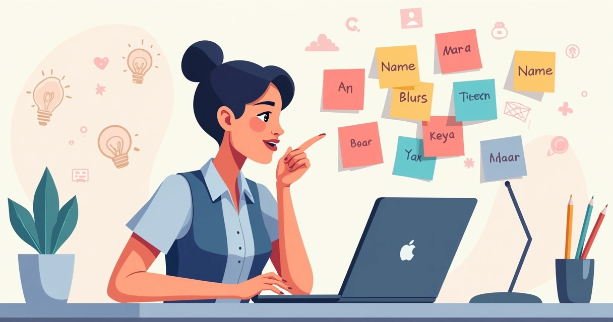 Mulher criando nome para marca com post-its coloridos e laptop aberto 
