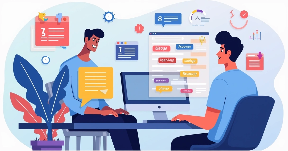 Ilustração de profissional criando nome criativo para blog em notebook com elementos digitais ao redor 