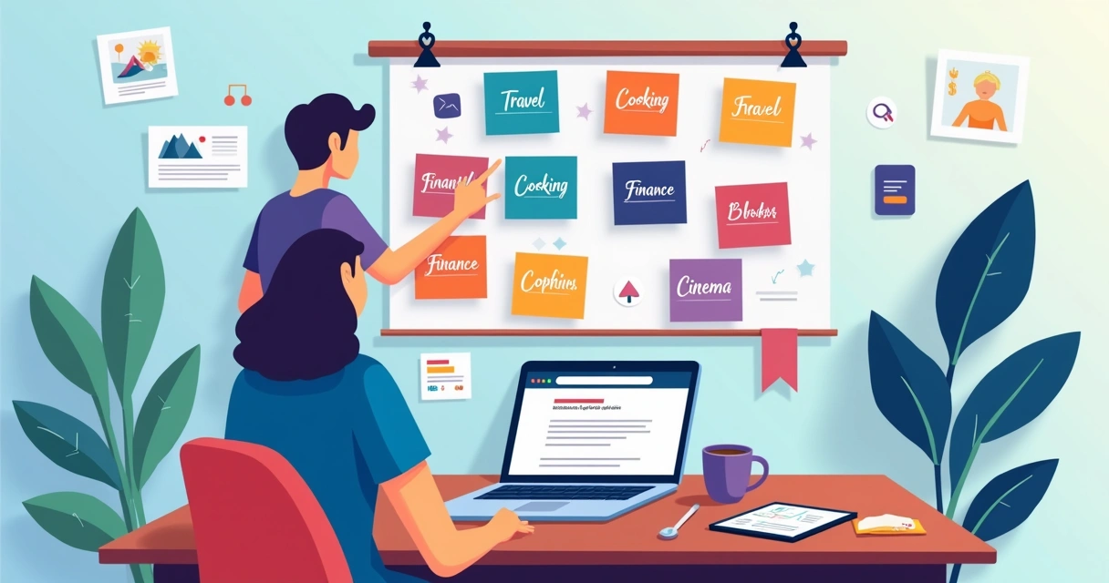 Pessoa organizando ideias para criação de nome de blog em quadro com cards coloridos 