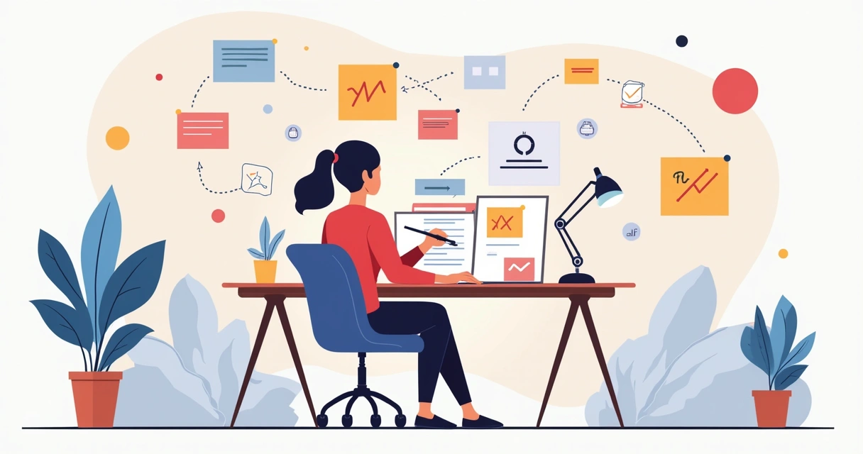 Ilustração corporativa plana de mulher criando e conectando ideias para naming de marca em ambiente minimalista com elementos digitais e tecnológicos coloridos