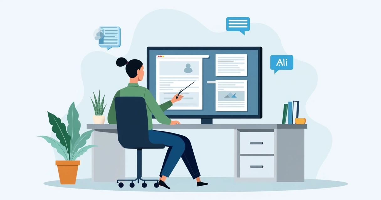 Processo de criação de landing page por IA, com computador, IA e layout de página 