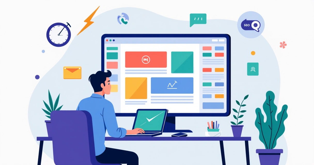 Ilustração de profissional criando página profissional no GreatPages em computador 