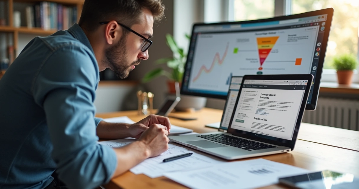 Empresário observando esboço de página de vendas com funil de conversão destacado 