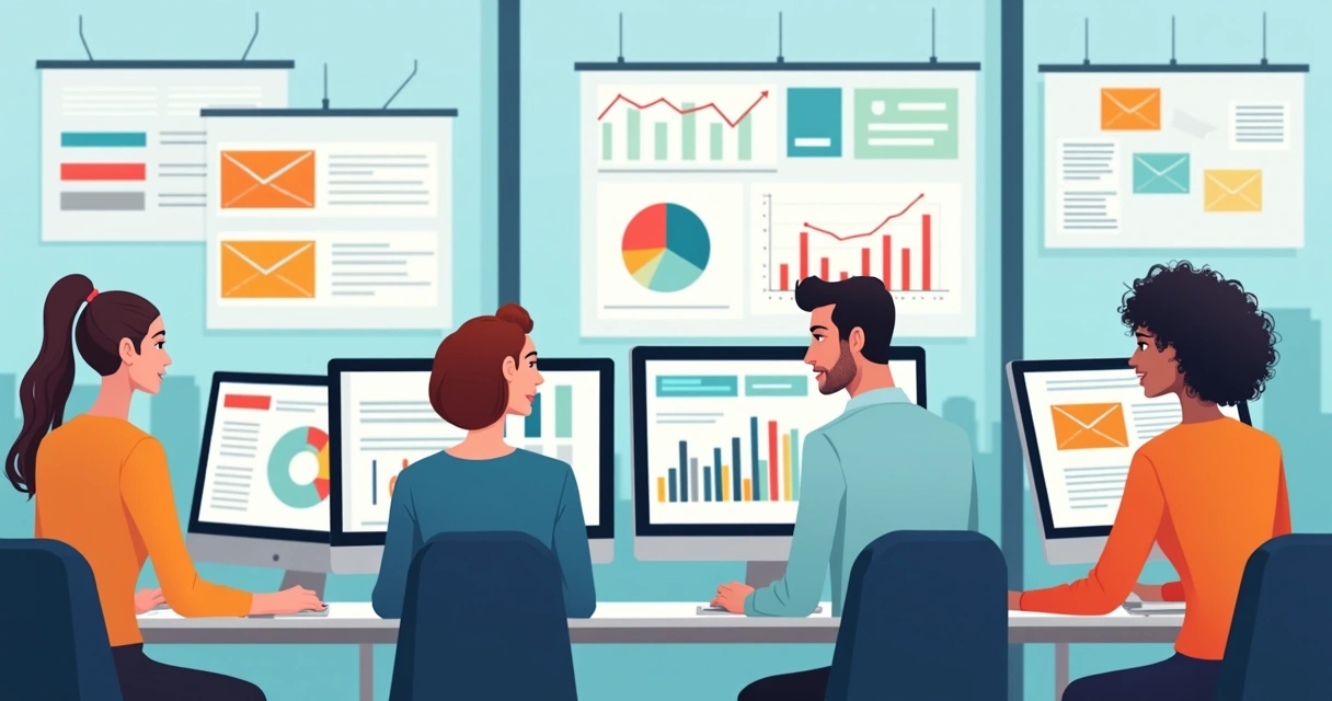Equipe de agência trabalhando em computadores em uma sala moderna, criando landing pages na tela 