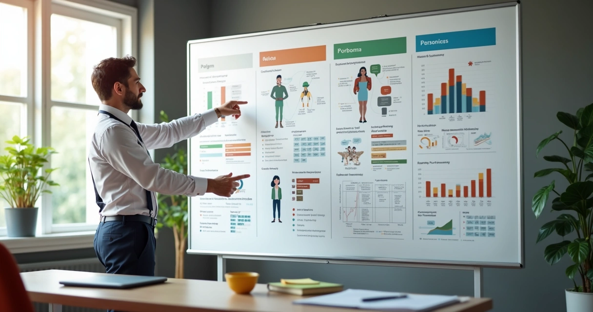 Profissional criando personas em um quadro branco com gráficos e dados demográficos ao redor 