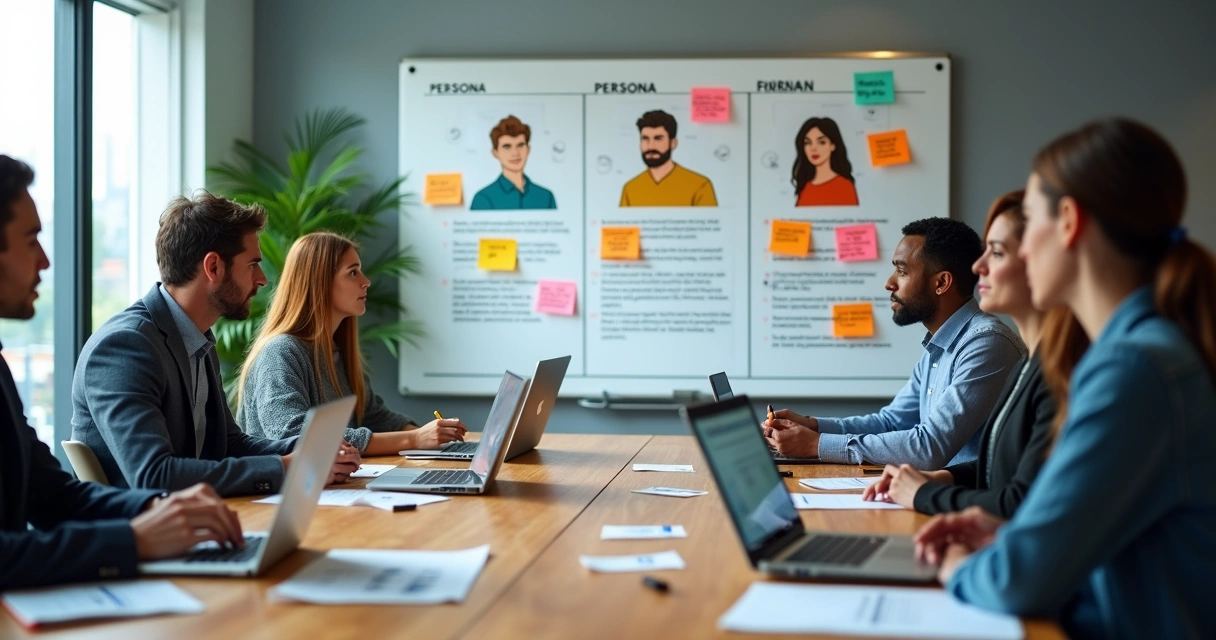 Equipe de marketing criando personas em um quadro com ilustrações de leitores de blog 