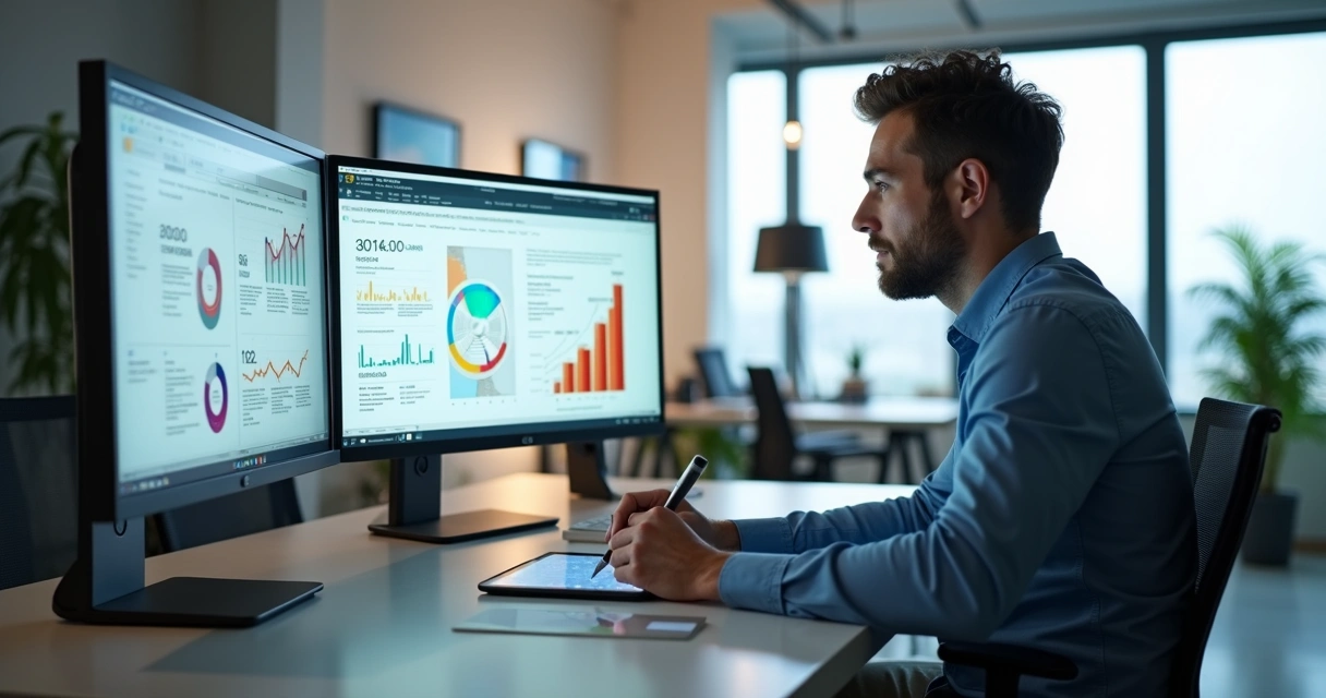 Profissional analisando gráficos e perfis de clientes em tela digital 