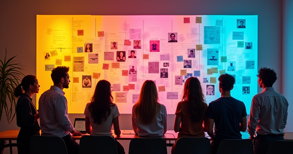 Equipe analisando painéis de personas em sala de estratégia 