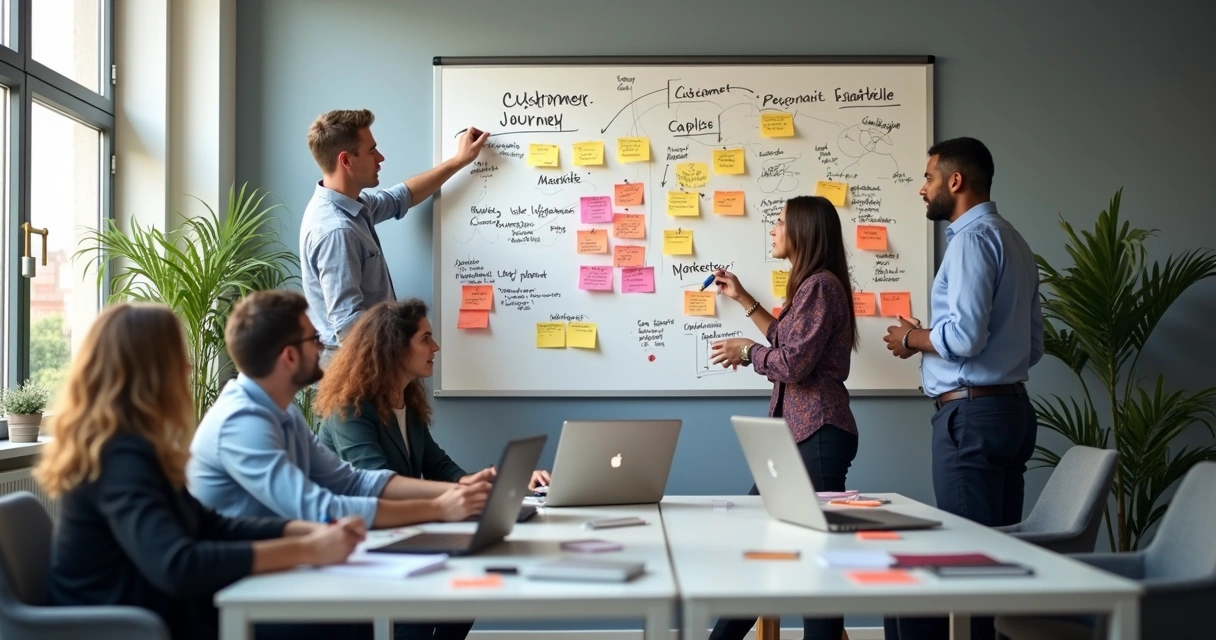 Grupo em reunião desenhando perfis de clientes em lousa 