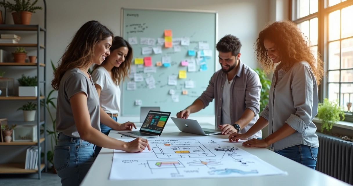 Equipe planejando criação de plataforma SaaS em espaço moderno 