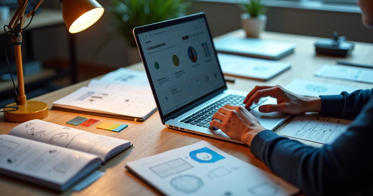 Pessoa usando Figma em notebook com anotações e protótipos de UX Design sobre a mesa. 