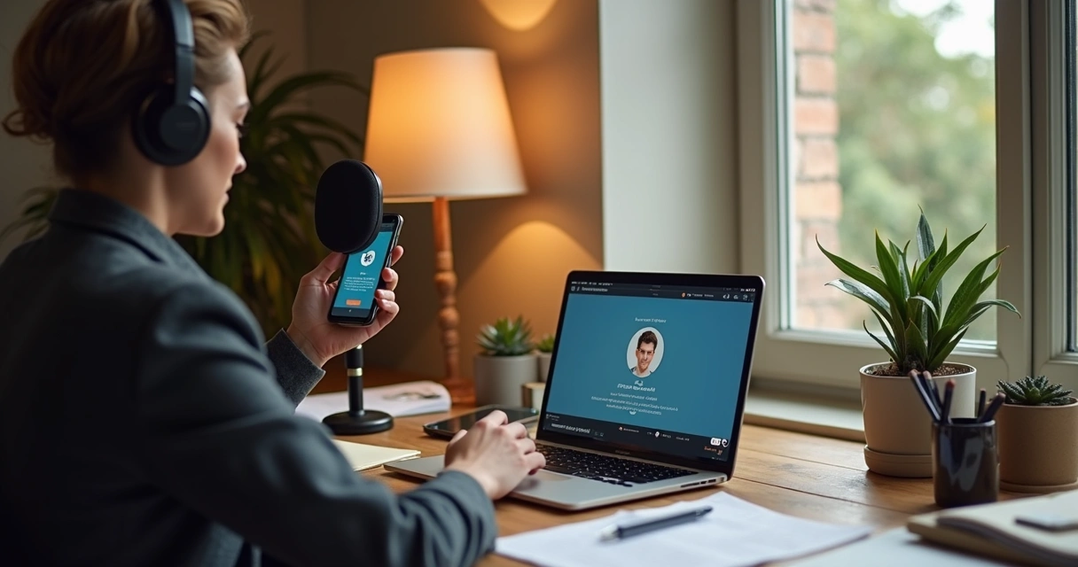 Pessoa gravando áudio em home office para inspirar post no LinkedIn 