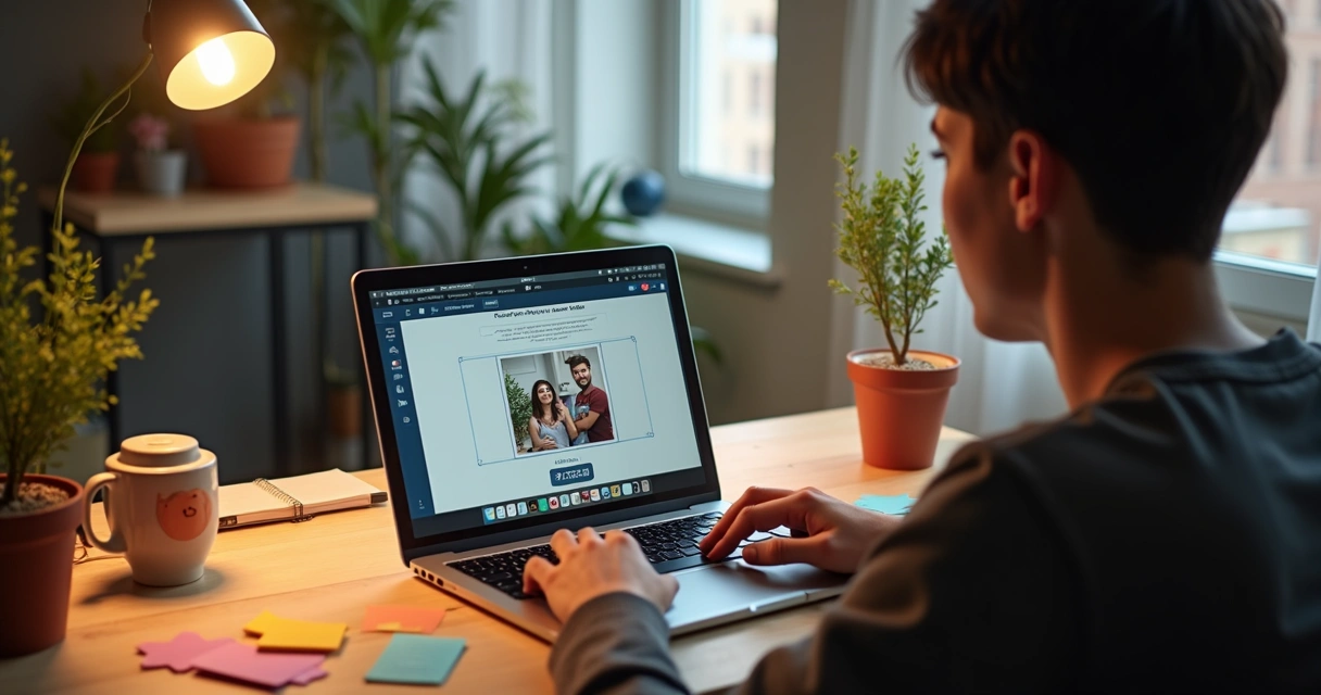 Pessoa criando presente digital no notebook em casa 