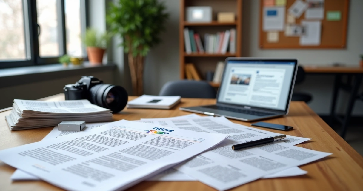 Mesa de trabalho com press kit impresso e digital sendo organizado por profissional de comunicação 