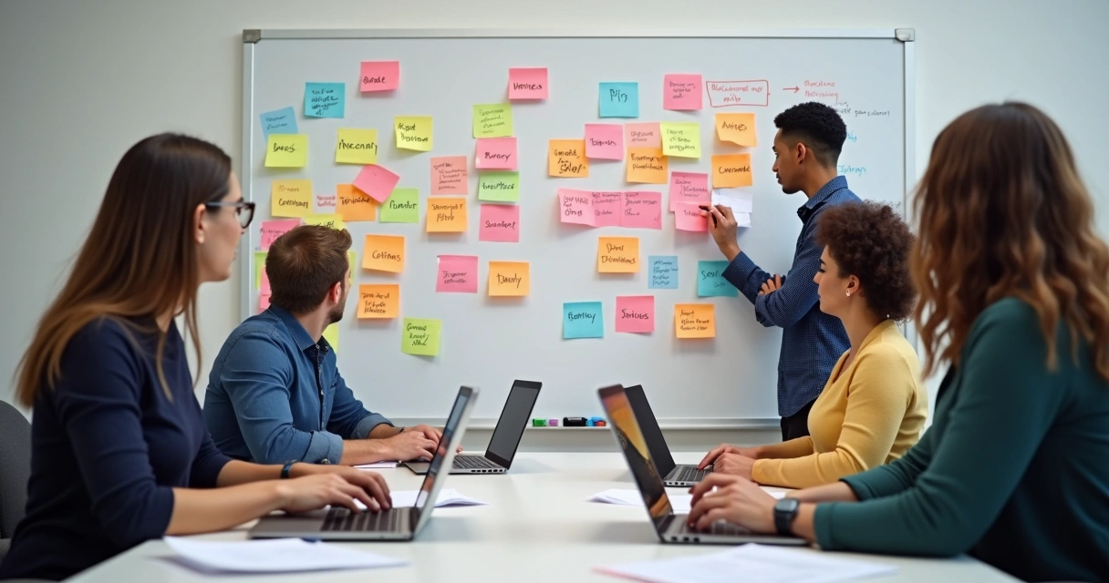 Equipe elaborando projeto de disciplina online usando post-its coloridos em quadro branco 