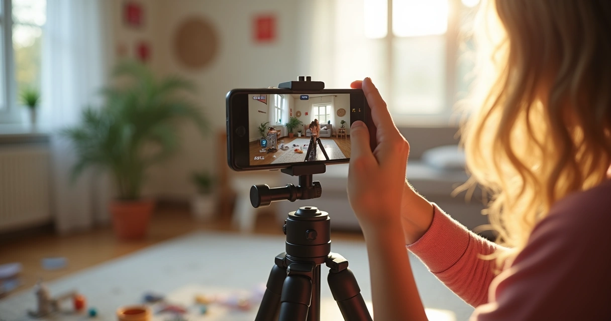 Pessoa gravando Reels com smartphone e tripé 