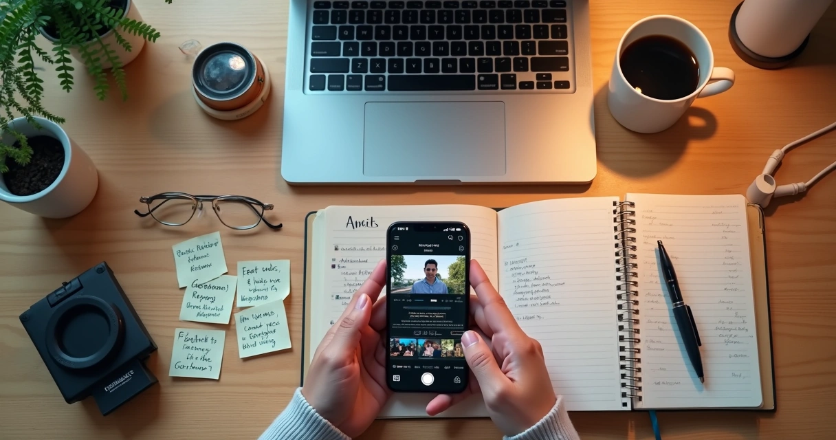 Table with a cell phone, script, and editing of faceless Reels 