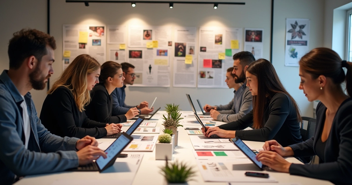 Pessoas analisando referências visuais e moodboards para campanhas digitais 