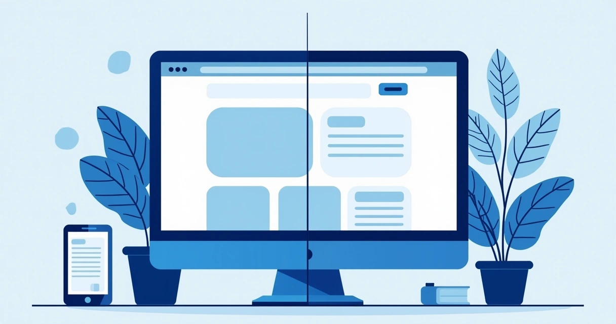 Processo de criação de site institucional com tela dividida entre layout antigo e novo 