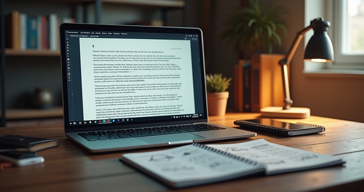 Mesa de trabalho com computador, caderno aberto, anotações de roteiro e iluminação suave 