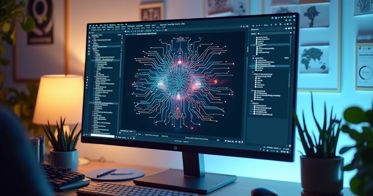 Editor de roteiro digital em tela de computador, tela mostrando texto estruturado e marcas de IA ao redor 